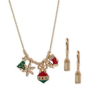 Anne Klein Gold-Tone 2-Pc Christmas Tree Necklace & Drop Earrings Set NEW